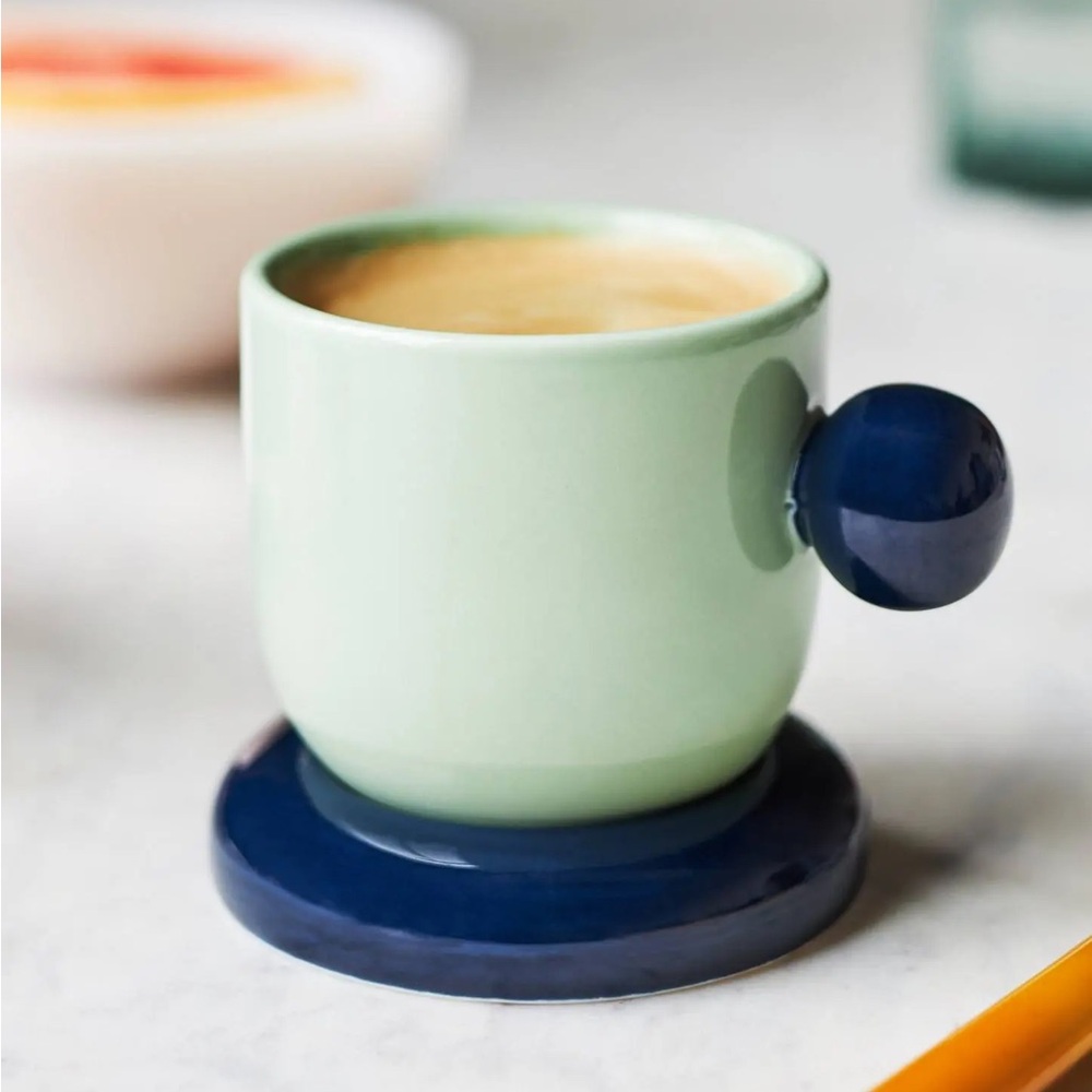 Anthropologie Rika Stoneware Espresso Cup Saucer Lid Mint Green and Dark Blue